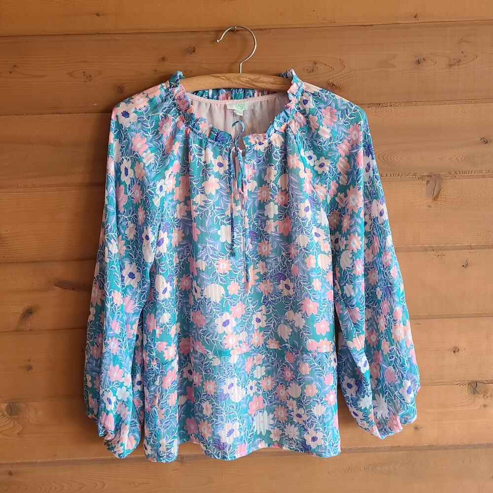 Jade Melody Tam Floral Top Blouse NWT S Tie Neck Garden Cottagecore Preppy Shirt - Picture 2 of 4